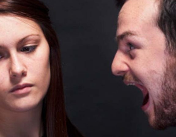 young man shouting at young woman headshots